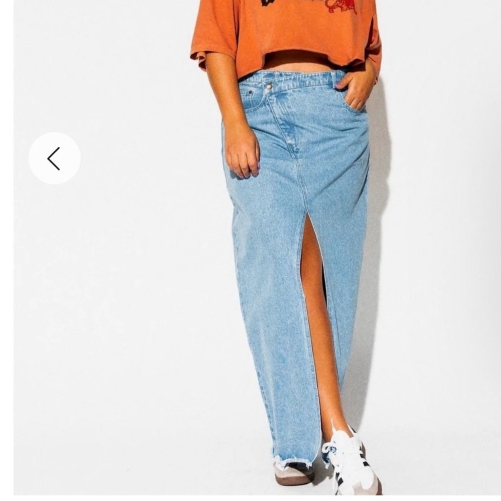 LALA don’t kill my vibe criss cross long denim maxi skirt high slit size medium